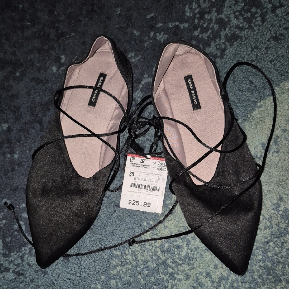 Nwt Zara Black Lace-Up Flat Satin shoes..size us 5